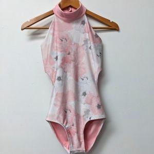 Purple Pixies Pastel Floral High Neck Cut Out Back Leotard Adult XS